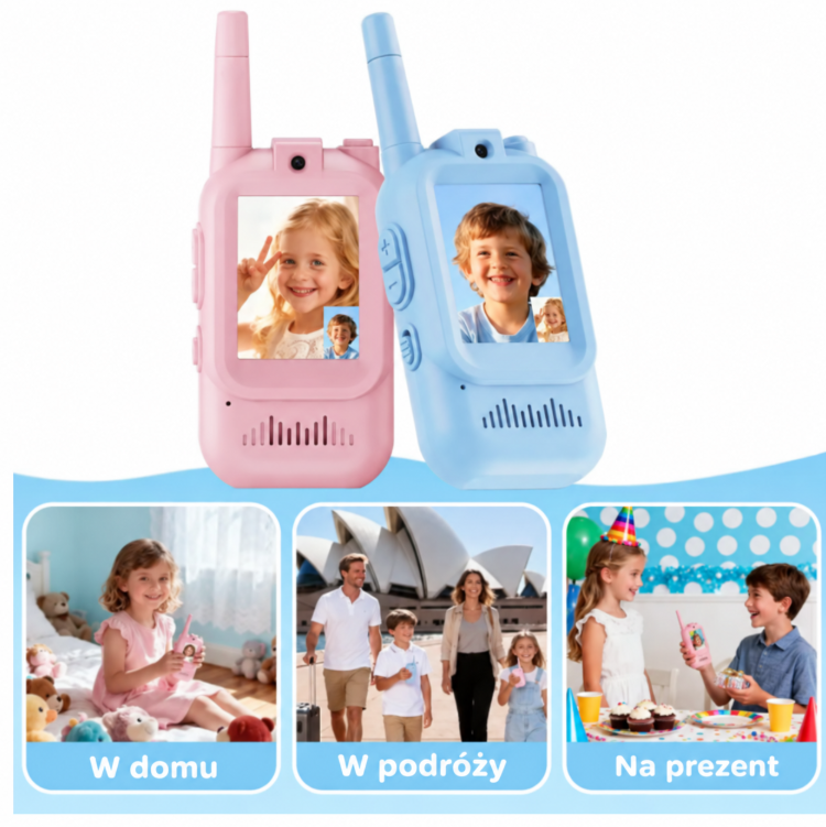 Krótkofalówki Mali W Kontakcie oraz dzieci bawiące się nimi w domu, w podróży i na prezent